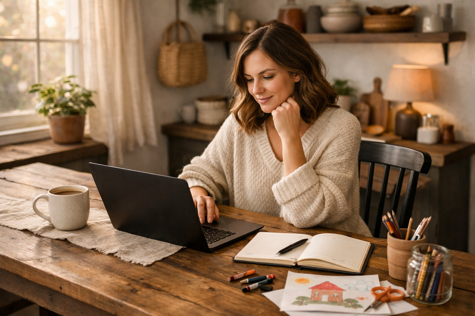Lifestyle portrait at a cozy table with laptop, notebook, and coffee